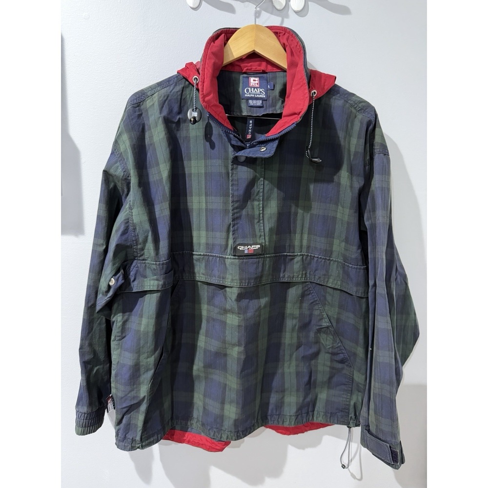 Vtg Ralph Lauren Chaps Mens Pullover Windbreaker L Tartan Plaid Stowaway Hood